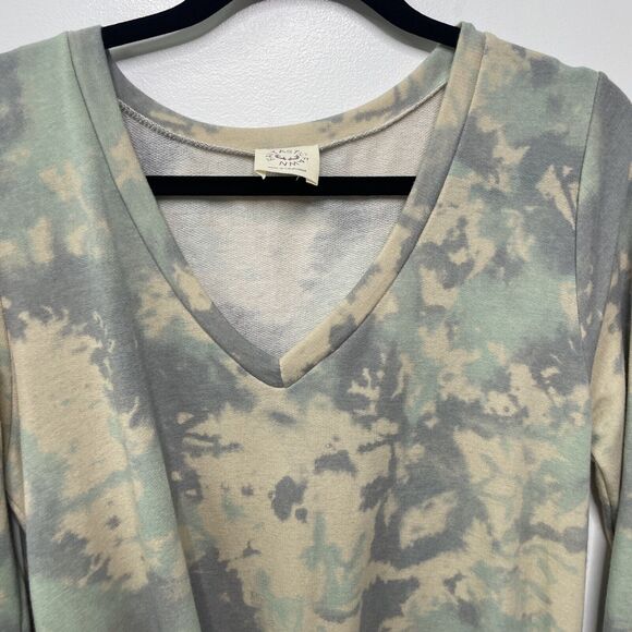 FANTASTIC FAWN V Neck Camo Tie Dye Sweatshirt Dress Tunic Pastel Boho Women M - Picture 2 of 10